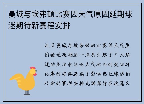 曼城与埃弗顿比赛因天气原因延期球迷期待新赛程安排
